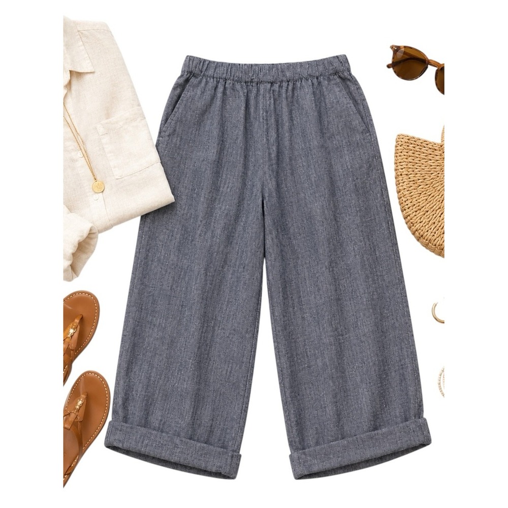 Rachel Roy Blue Linen Blend Crop Pants Elastic Waist Cuffed Women's Medium EUC